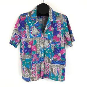 Vintage Season Ticket Floral Button Down Shirt Women's Large Casual Retro USA